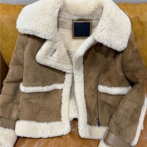 All Saints Cream and Tan Shearling Jacket